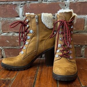 Nine West Tan Heeled Boots with Red Laces